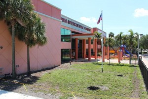 A building with a flag on the side of it.