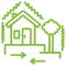House and tree with arrows, neon outline.